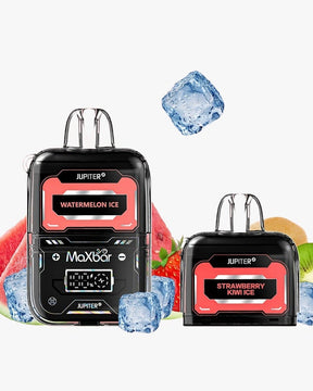 Canetas vape maxbar jupiter 20k preta e vermelha com design futurista e cartucho extra para uso prolongado
