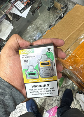 Caixa do cartucho vape maxbac jupiter vapengin 20k puffs sabores cool mint e triple mango design prata verde amarelo