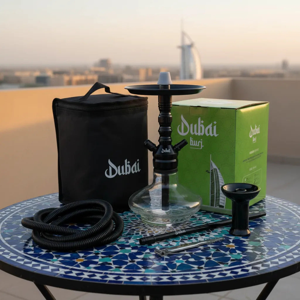 Narguile completo dubai burj com base de vidro transparente e haste metálica preta acompanhado de case e embalagem