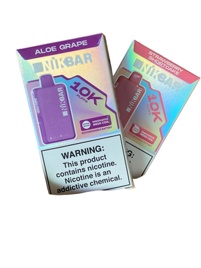 Embalagem holográfica roxa e iridescente para dispositivo vape descartável nikbar aloe grape 10k puffs