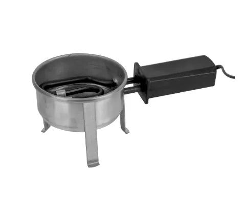 Panela forninho para carvão em aço inox com unidade preta de energia e elemento de aquecimento em espiral