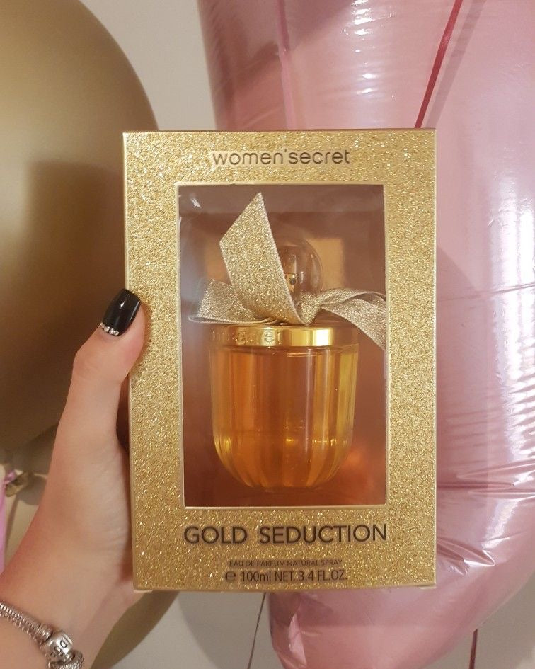 Perfume gold seduction women secret feminino em frasco dourado com laço brilhante e caixa dourada combinando
