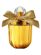 Frasco dourado e canelado de perfume gold seduction women secret feminino com laço glitter dourado e tampa transparente brilhante