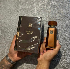 Perfume liquid brun french avenue masculino em frasco retangular marrom com detalhes dourados e caixa combinando