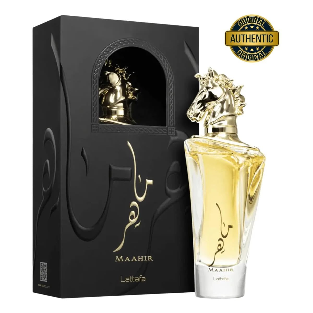 Frasco de perfume maahir lattafa gold 100ml com tampa dourada em forma de cabeça de cavalo e corpo de vidro transparente com líquido âmbar