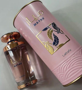 Caixa cilíndrica rosa de perfume mayar eau de parfum feminino 100ml com design dourado e azul marinho da lattafa
