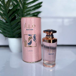 Perfume mayar eau de parfum feminino 100ml vidro transparente com detalhes rose gold e tampa azul escura
