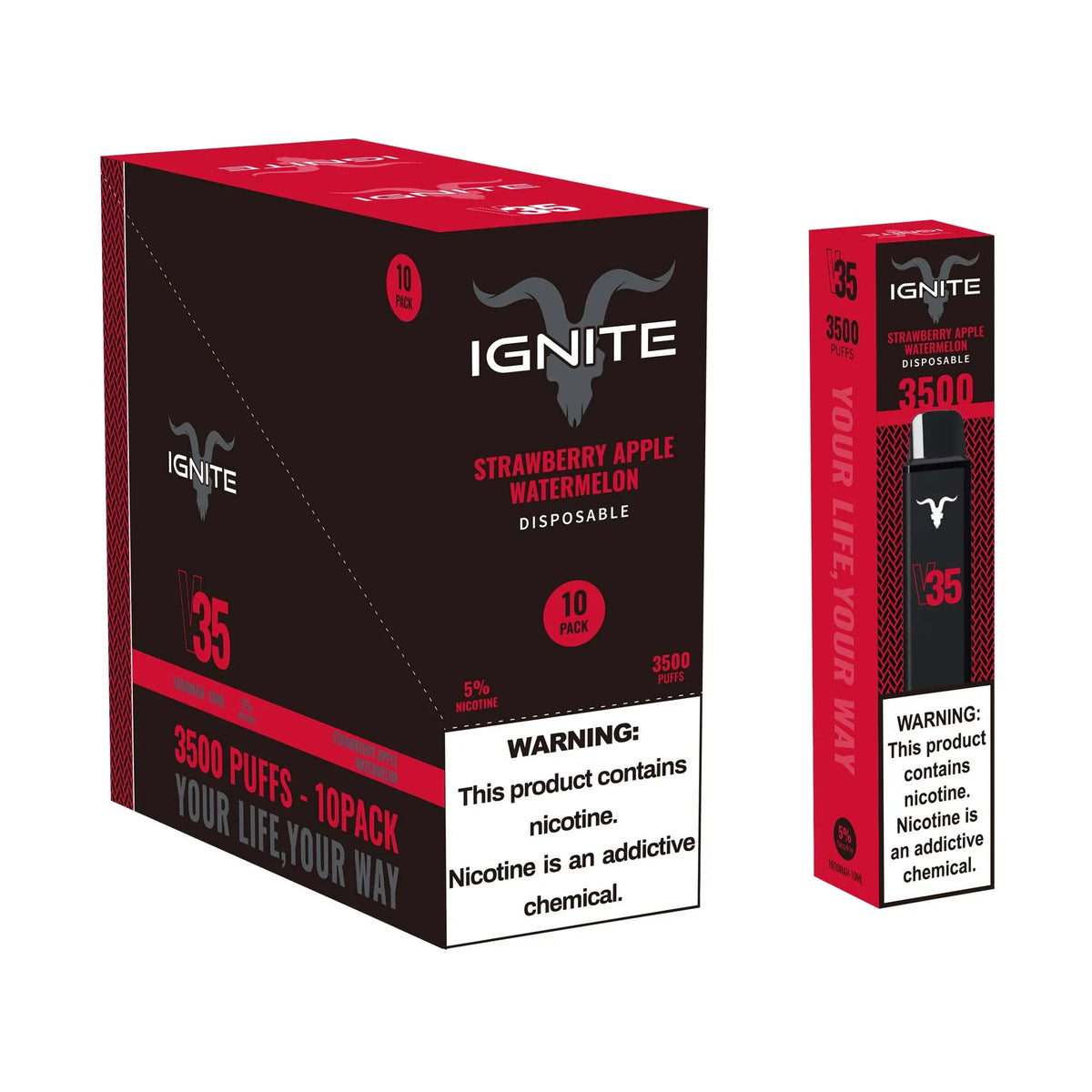 Caixa vermelha e preta do pod descartável ignite v35 morango maçã melancia com 3500 puffs por unidade