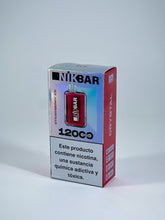 Pod descartável nikbar vermelho com 12000 puffs em embalagem retangular com detalhes prateados e azuis
