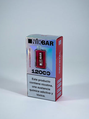 Pod descartável nikbar vermelho com 12000 puffs em embalagem retangular com detalhes prateados e azuis