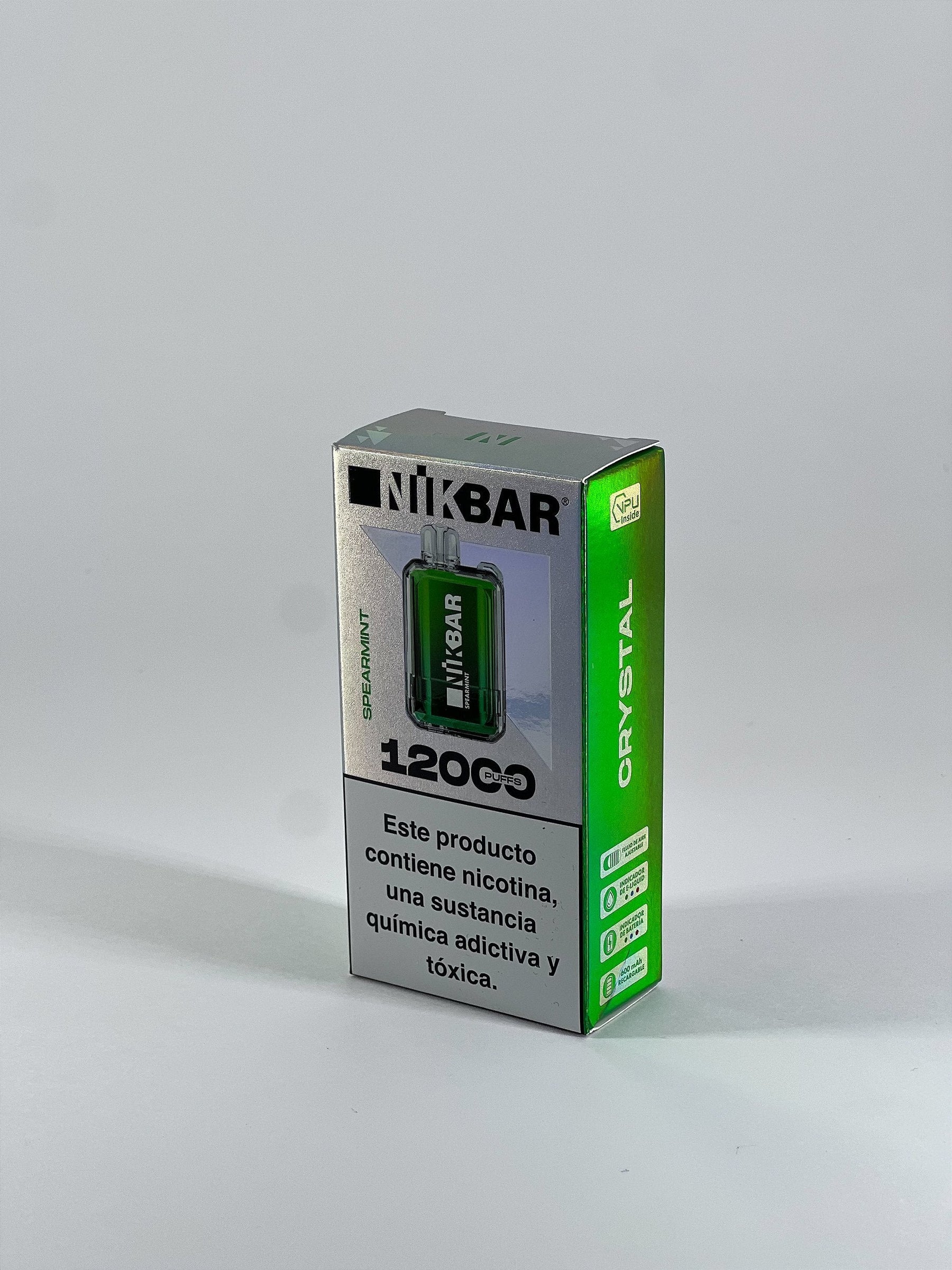 Pod descartável nikbar 12000 cristal verde e prata em embalagem retail com 12000 puffs