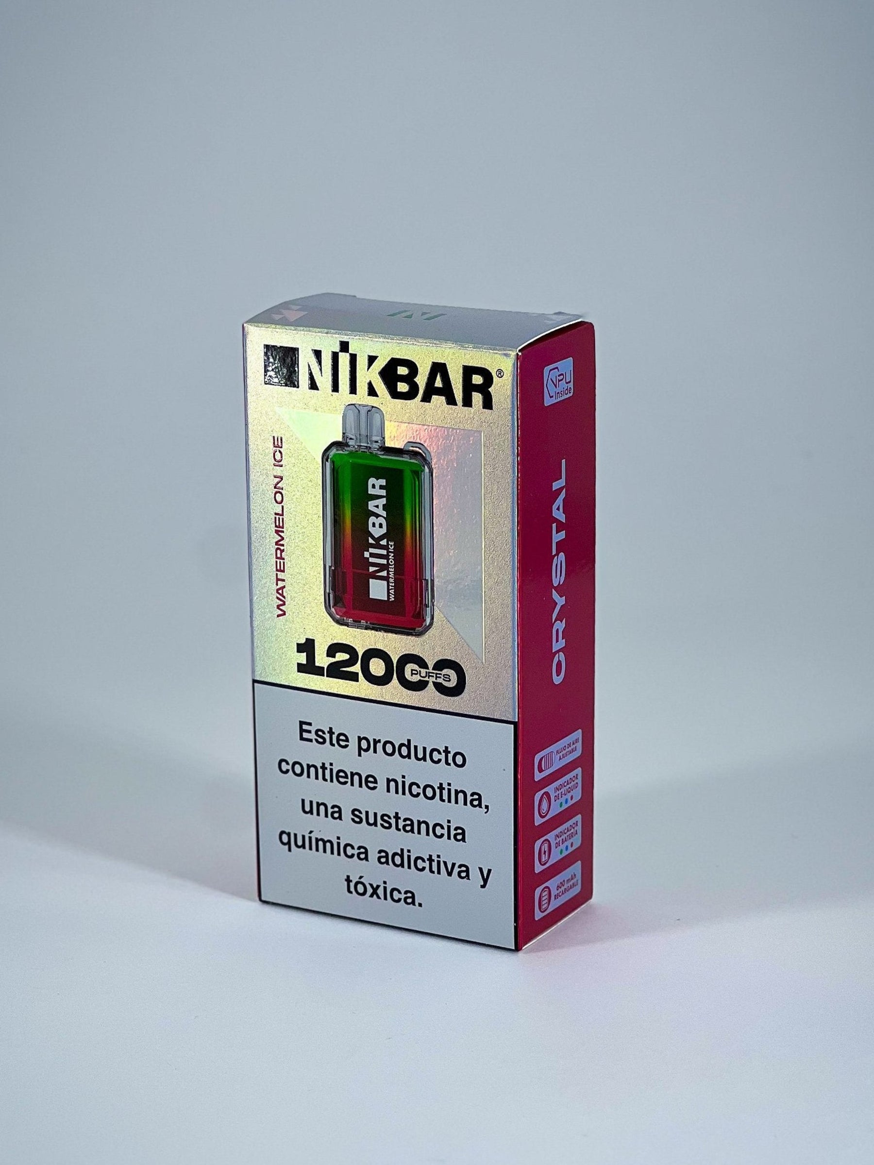 Pod descartável nikbar 12000 puffs em cristal com acabamento degradê verde e vermelho na embalagem original