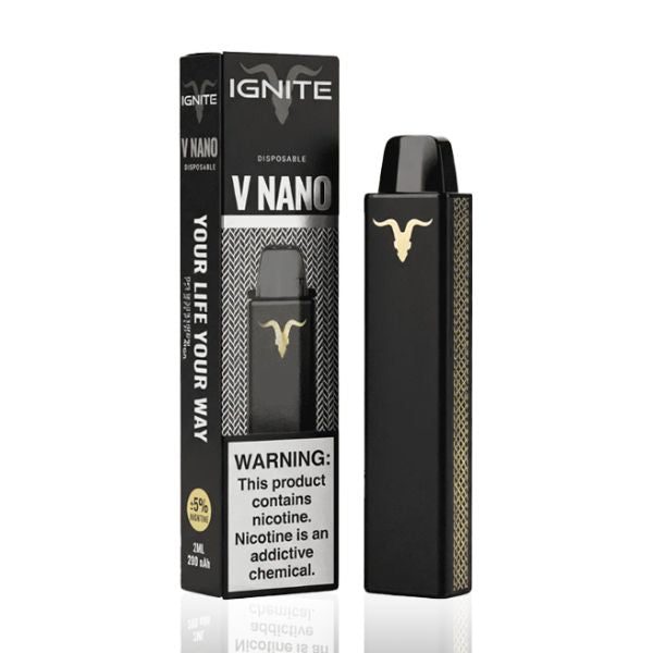 Pod descartável v-nano ignite preto com logo de touro dourado e painel lateral texturizado