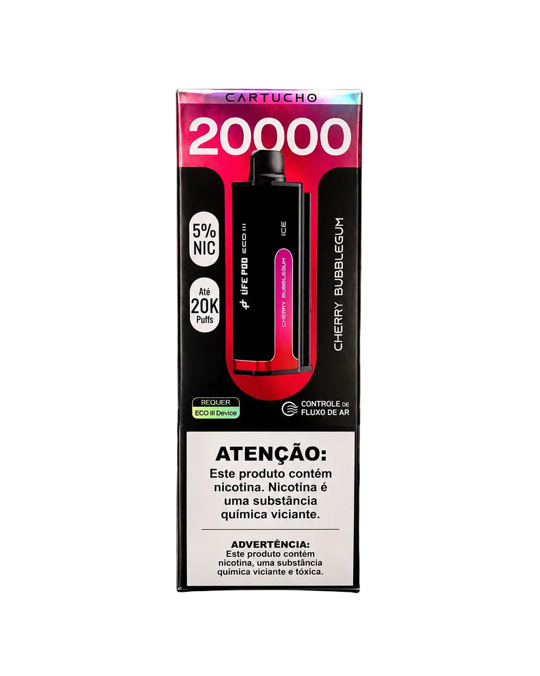 Cartucho vape pod refil life eco iii 20 000 puffs vermelho e preto sabor chiclete de cereja pronto para uso