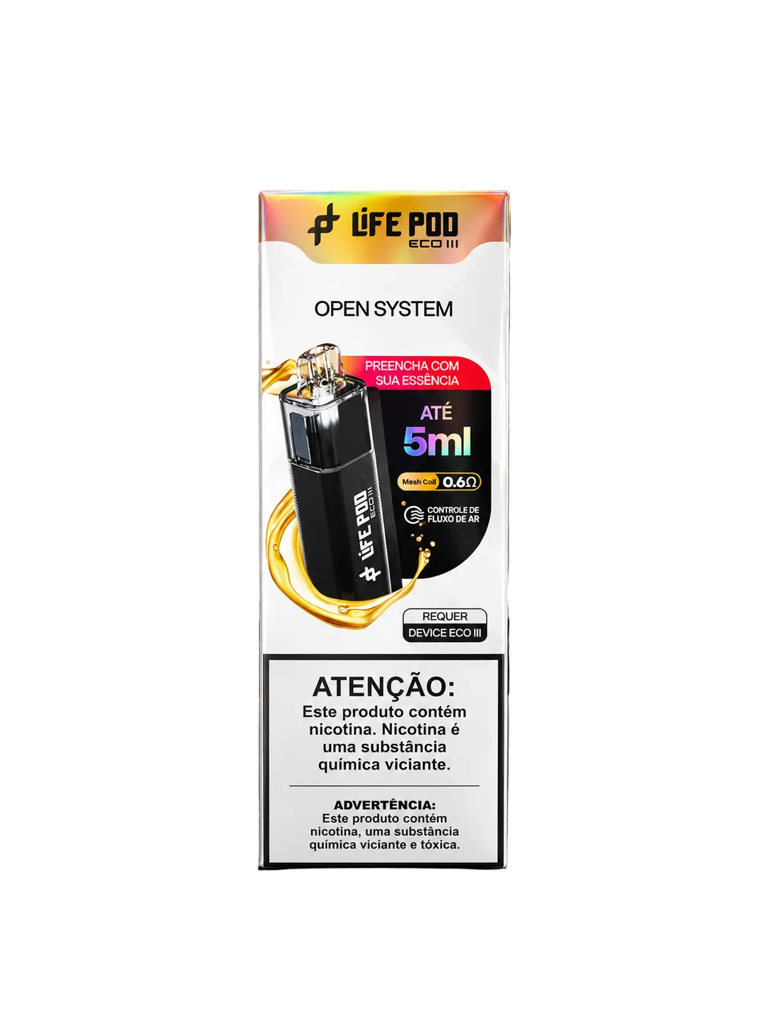 Refil recarregável life pod eco iii 5ml preto com top cap dourado e resistência mesh 0.6 em design cilíndrico elegante