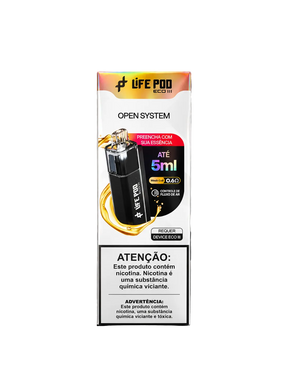 Refil recarregável life pod eco iii 5ml preto com top cap dourado e resistência mesh 0.6 em design cilíndrico elegante