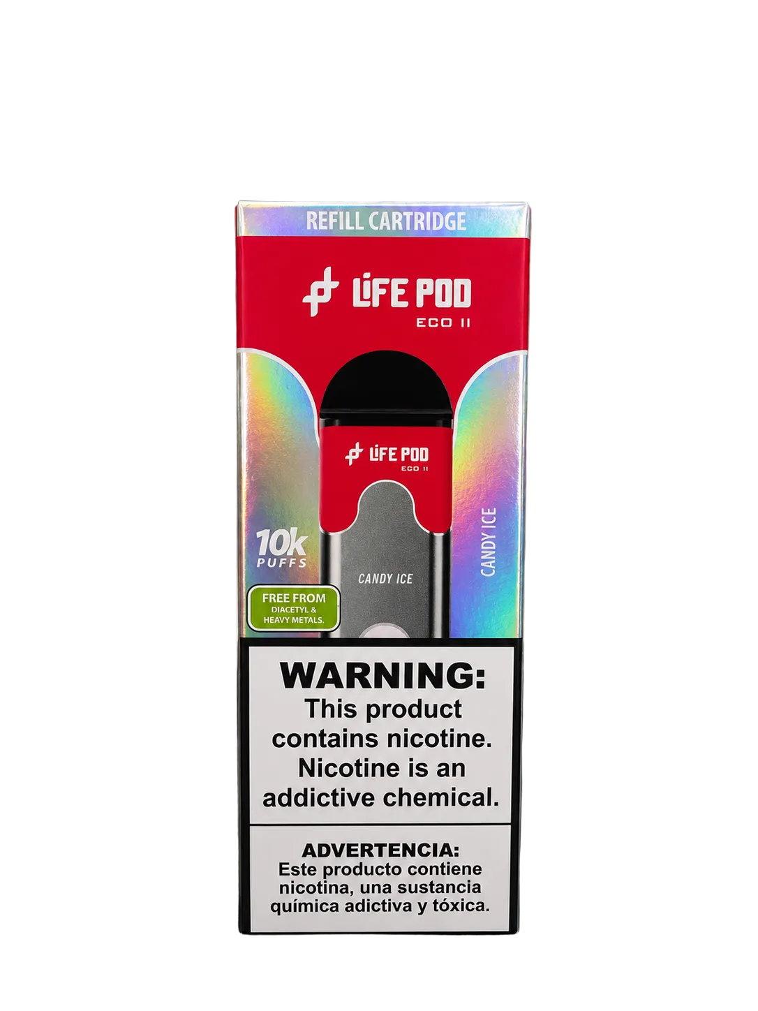 Refil life pod eco 10000puffs vermelho e prata com embalagem iridescente sabor candy ice