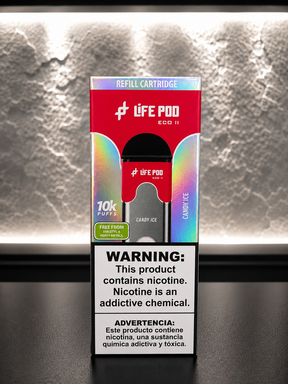 Refil life pod eco 10000 puffs com cartucho vermelho e prata candy ice em embalagem holográfica