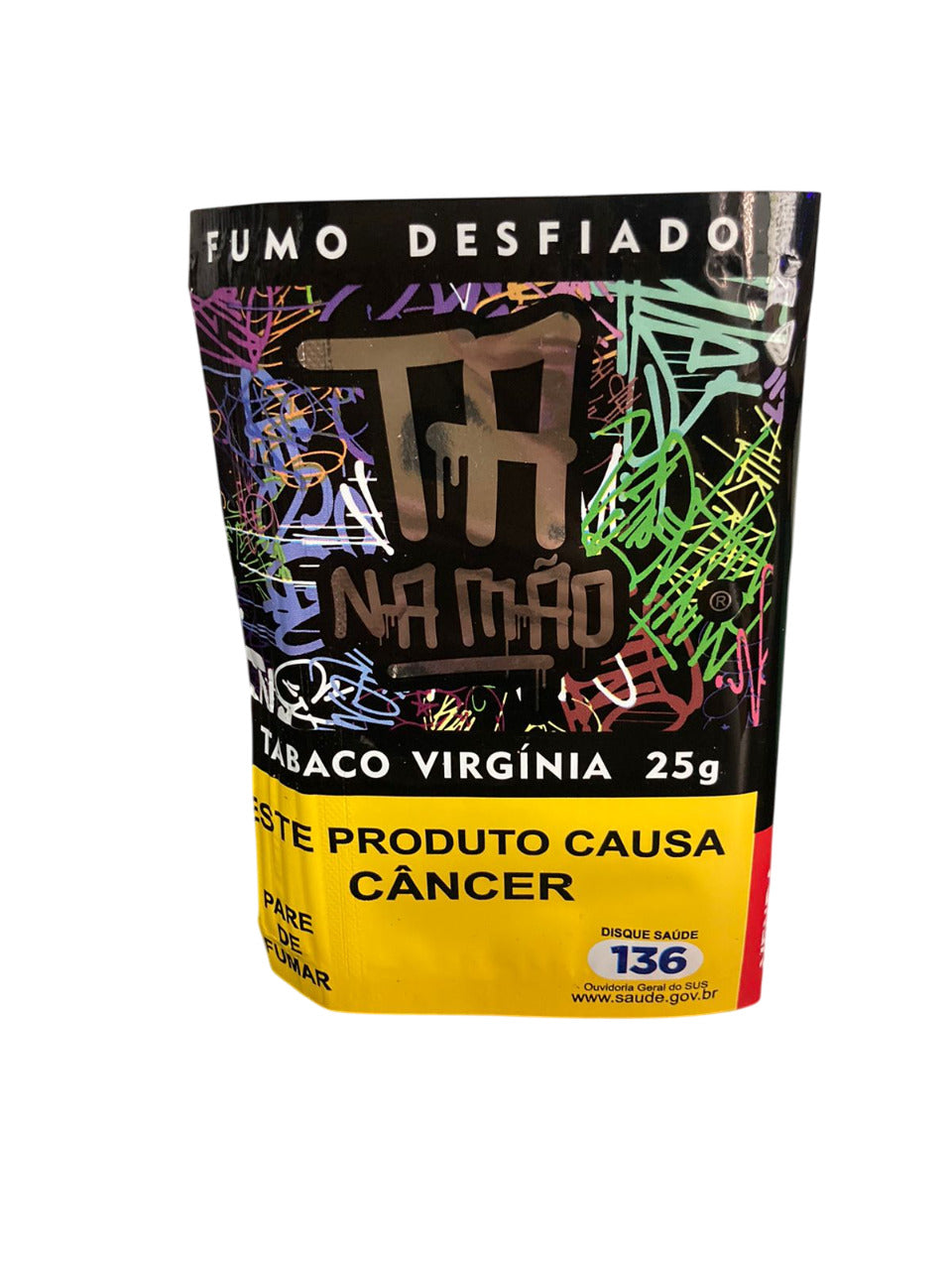 Pouch preto e amarelo de tabaco virginia 25g com design graffiti e marca fumo desafiado da na mad