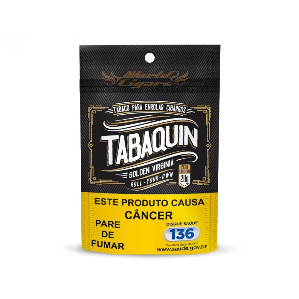 Pacote preto e amarelo resselável de tabaco tabaquin golden virginia para enrolar com detalhes em ouro e aviso de saúde