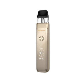 Dispositivo vape vaporesso xros pro dourado retangular com bocal preto e botão circular prateado
